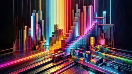 Colorful 3D geometric cityscape with illuminated neon skyscrapers and buildings composed of glowing cubes, blocks and rectangular shapes in warm and cool tones against a dark background. - obrazy, fototapety, plakaty