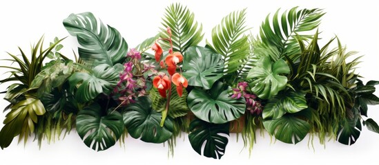 A variety of tropical plants, including flowers and leaves, showcased on a white background....