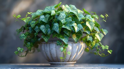 ivy in a classic white porcelain pot, against a crisp gray backdrop, highlighting the lush green foliage and delicate tendrils in full ultra HD realism. - obrazy, fototapety, plakaty