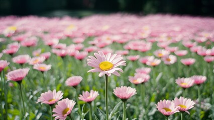 Obraz premium Soft focus spring meadow with pink daisies, abstract floral