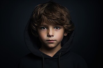Portrait of a boy in a black hoodie on a dark background