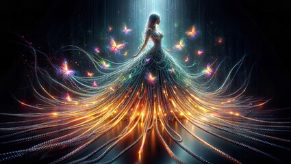 A beautiful fantasy illustration of a woman in a flowing dress with butterfly wings, surrounded by glowing butterflies in a raindrop-like digital environment.