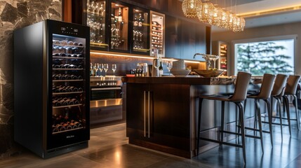 Cooling and preserving wine at home concept. Huge wine fridge, special refrigerator, temperature-con - obrazy, fototapety, plakaty