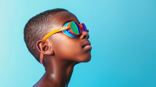 Young boy with short hair and colorful oversized sunglasses looking upwards against a blue background.