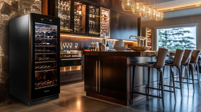 Cooling and preserving wine at home concept. Huge wine fridge, special refrigerator, temperature-con