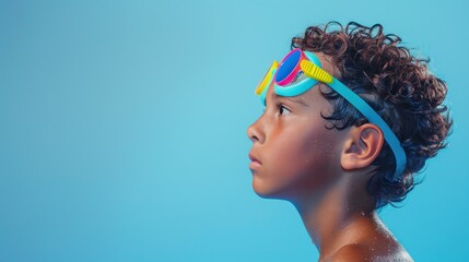 Naklejka premium Side view shot of boy with wet hair and blue goggles wearing a colorful swimsuit looking to the side with a serious expression against a blue background.