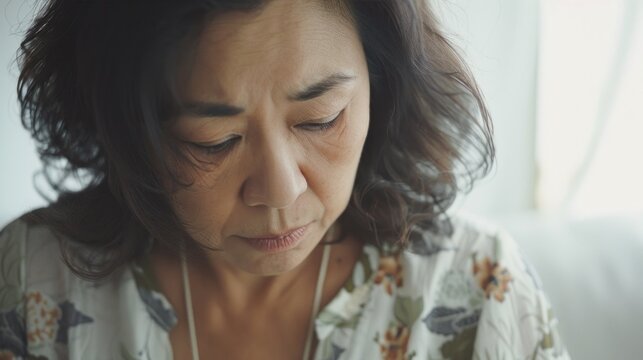 A contemplative woman with dark hair and a floral blouse looking down with a thoughtful expression.