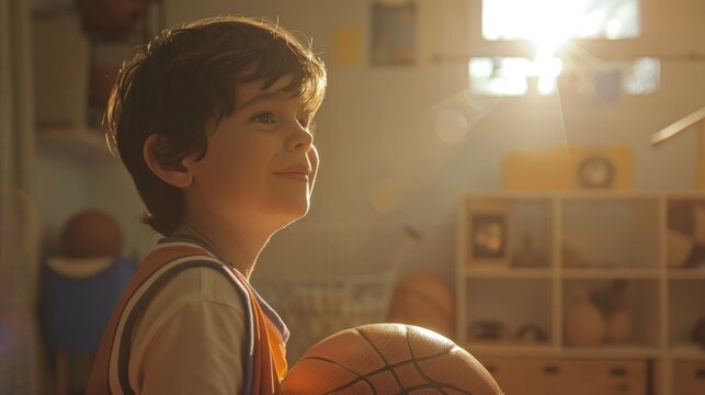 Young boy in a jersey holding a basketball smiling and looking up with sunlight streaming in through a window creating a warm and hopeful atmosphere.