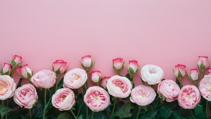 Soft pastel tone background with pink roses flower border