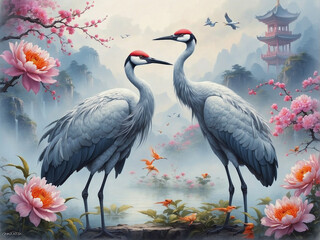 Elegant Cranes and Blossoms: Traditional Asian Scenery Illustration