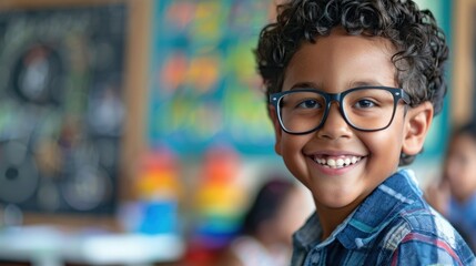 Smiling young boy with glasses wearing a plaid shirt in a classroom setting with colorful artwork on the wall.
