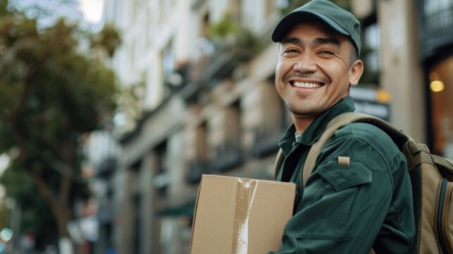 Smiling man in green cap and jacket carrying cardboard box with backpack walking on city street.