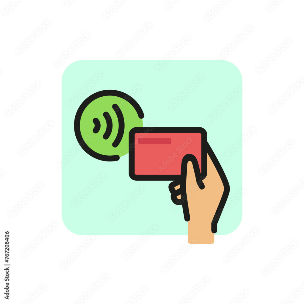 Poster line icon of wi-fi symbol and hand holding mobile phone. wi-fi connection, router, wi-fi access poin