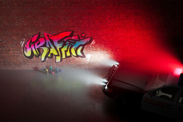 Nighttime Police Encounter with Vibrantly Graffitied Brick Wall and Spray Cans