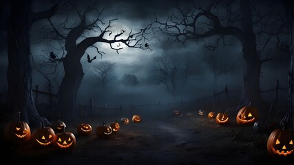 Halloween background. On a Halloween night, a dark, eerie woodland with pumpkins