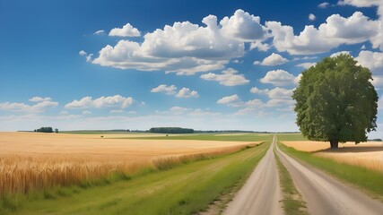 Fototapeta na wymiar Gorgeous pastoral scene in rural banner format including a meadow and a large field of wheat separated by a vacant asphalt road against a blue summer sky.