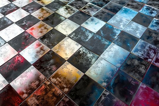 Abstract background of floor covered in glossy, multicolored tiles arranged like an abstract chessboard pattern