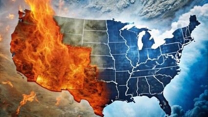 USA map engulfed in flames on one side - Dramatic representation of USA map showing one half on fire and the other normal, illustrating extreme contrast and possible climate or political metaphor - obrazy, fototapety, plakaty