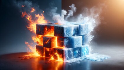 Ice and fire contrast with ice cubes - Dramatic contrast between flaming ice cubes and cold flames, showcasing a dynamic balance of elements