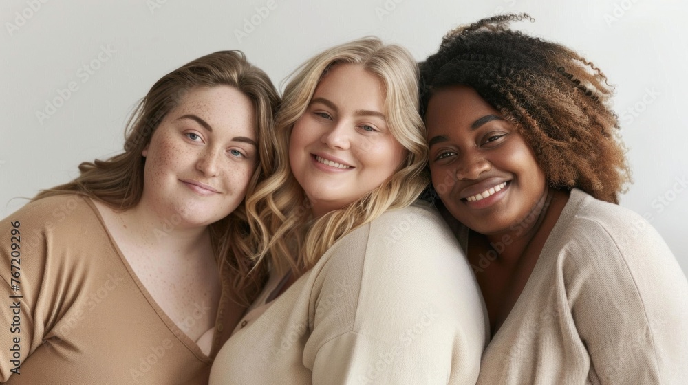 Sticker Three smiling women with different hair colors and textures wearing matching beige tops embracing each other against a white background.