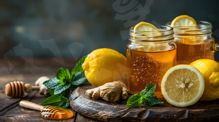 Ginger tea honey lemon and mint leaves on wooden table - obrazy, fototapety, plakaty