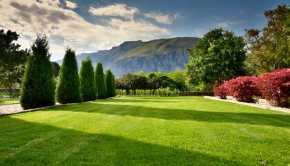 Naklejka premium Landscape in summer with a green manicured lawn