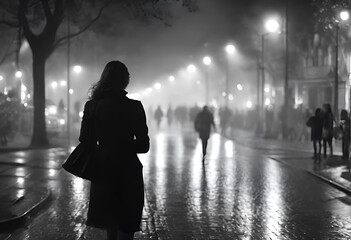 Silhouette de dos d'une femme marchant dans une rue la nuit - obrazy, fototapety, plakaty