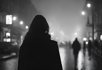 Silhouette de dos d'une femme marchant dans une rue la nuit - obrazy, fototapety, plakaty