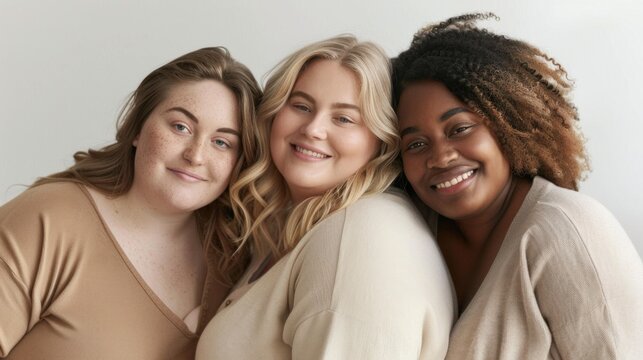 Three smiling women with different hair colors and textures wearing matching beige tops embracing each other against a white background.