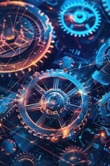 Seamless blend of gears in computing, set on dynamic data connections background