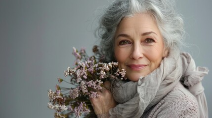 Elegant older woman with gray hair holding purple flowers wearing a white scarf and smiling gently.