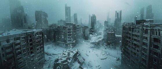 City engulfed by a snow apocalypse showcasing ruins and desolation
