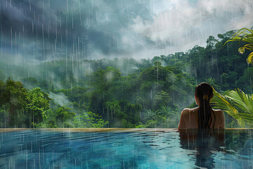 woman relaxing in infinity pool with view of rain forest