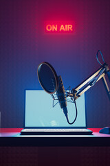 Professional Podcast Recording Studio Setup with Illuminated On Air Neon Sign - 767210403