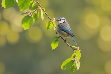 Blue Tit Perched Delicately on a Blossoming Branch in Early Spring