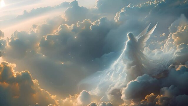 A lone angel with flowing white wings stands serenely on a cloud platform overlooking a breathtaking vista of heaven ,generative ai