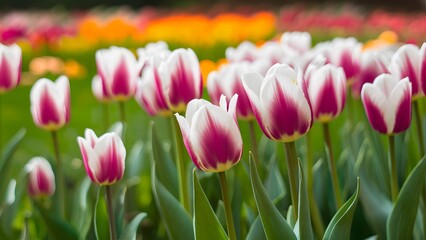 Spring blurred background with ultra violet white tulips, vibrant