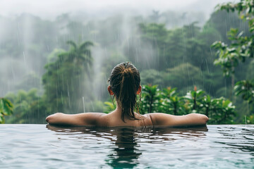 woman relaxing in infinity pool with view of rain forest