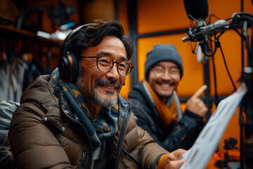 Fototapeta na wymiar Friendly Asian Sound Technician Teaching His Knowledge to a Young Intern in a Recording Studio