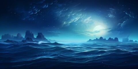 A soothing gradient waves artwork, blending from cerulean to midnight blue, creating a peaceful depiction of waves gently lapping against the shore under a starry sky. - obrazy, fototapety, plakaty
