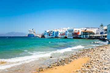 White architecture of Mykonos town and view of Little Venice bay in Mykonos island, Greece.