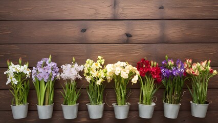 Spring flowers in pots arranged neatly on wooden background