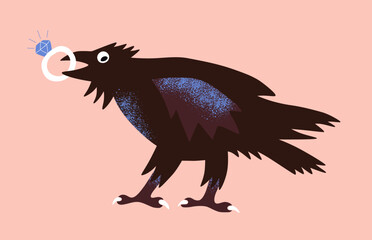 Vector raven with diamond ring in beak. Cute cartoon illustration for postcard, poster, halloween.