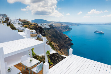 White architecture in Santorini island, Greece. Beautiful sea view in sunny day.