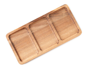 One wooden serving board on white background, top view