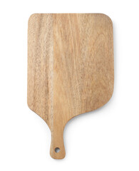 One wooden cutting board on white background, top view