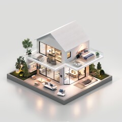 A 3D model of a modern cottage house.