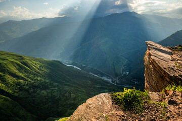 View of the mountain gorge at sunset in Goor village, Dagestan, Russia.