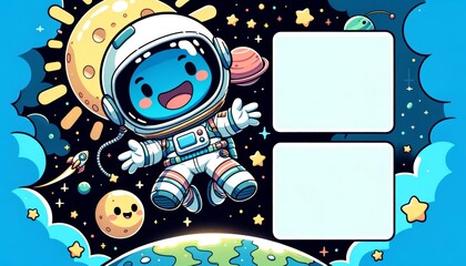 Cheerful Cartoon Astronaut Floating in Colorful Space