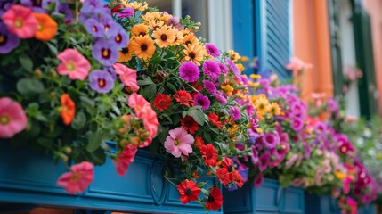 Fototapeta na wymiar Colorful Flower-Filled Window Boxes